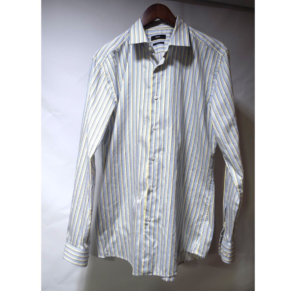 Hugo Boss BOSS Men’s 16.5 42 Blue Yellow Striped Long Sleeve Dress Shirt